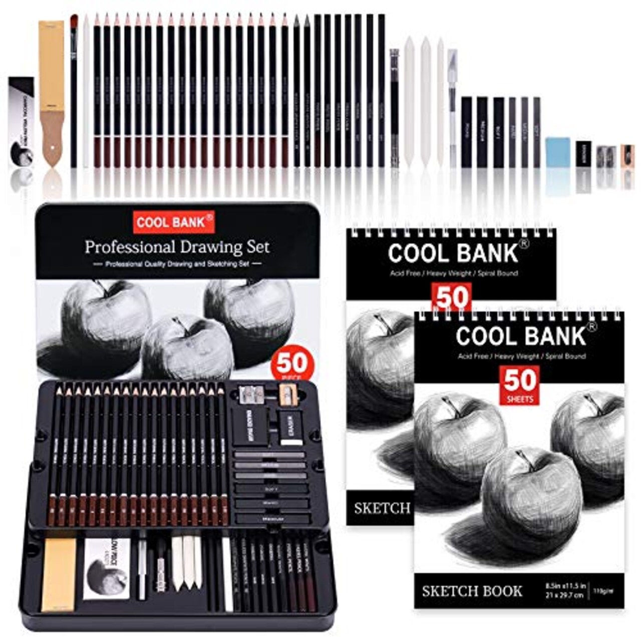 52 Piece Professional Drawing Set with 2 x 50 Page Drawing Pad, Art Supplies,  Graphite Drawing Pencils and Sketch Set, Artist Sketching Tools in Tin Box  Includes Charcoals,Pastels and Sharpener